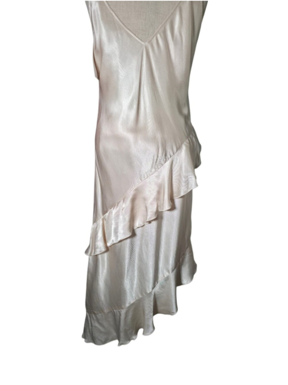 H&M Satin Slip Dress Cream Ivory Ruffle Midi Dress Asymmetrical Hem V Neck S - Picture 4 of 12